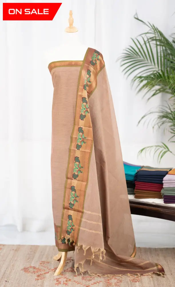 Swara Salwar - Beige and Olive Green Chettinad Cotton Unstitched Salwar salwar